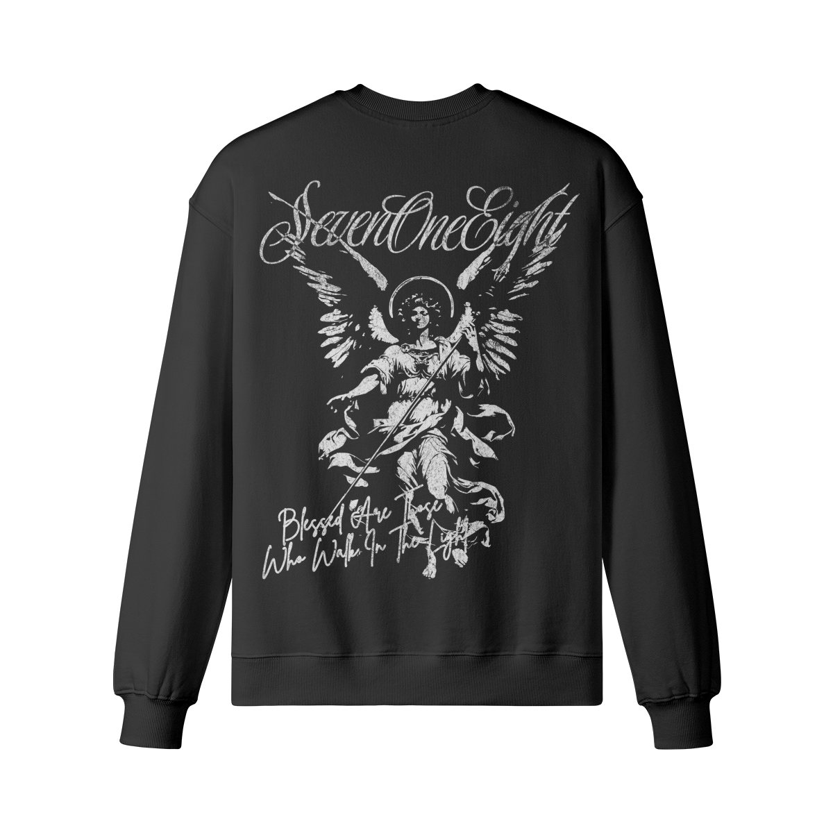 A black sweatshirt with a distressed white graphic of an angel with outstretched wings and the text Blessed are those who walk in the light
