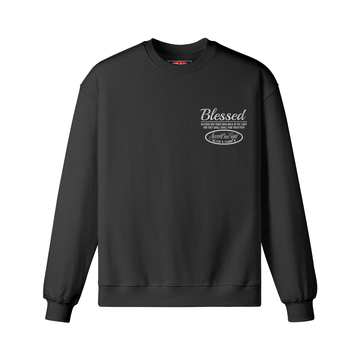 A black sweatshirt with a distressed white graphic of an angel with outstretched wings and the text Blessed are those who walk in the light